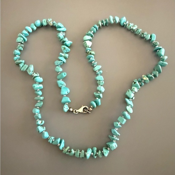 Southwestern Turquoise Nuggett and Sterling Silver Beaded Necklace 21 inches - Picture 1 of 5